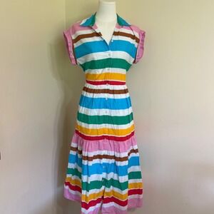 J.Crew Womens Multi Color Striped Cotton Midi Shirtdress Tiered Pocket Size 2